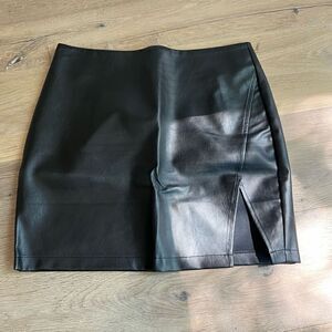 Showpo Women's Black Leather Flat Front Thigh Split A-Line Mini Skirt Size 10